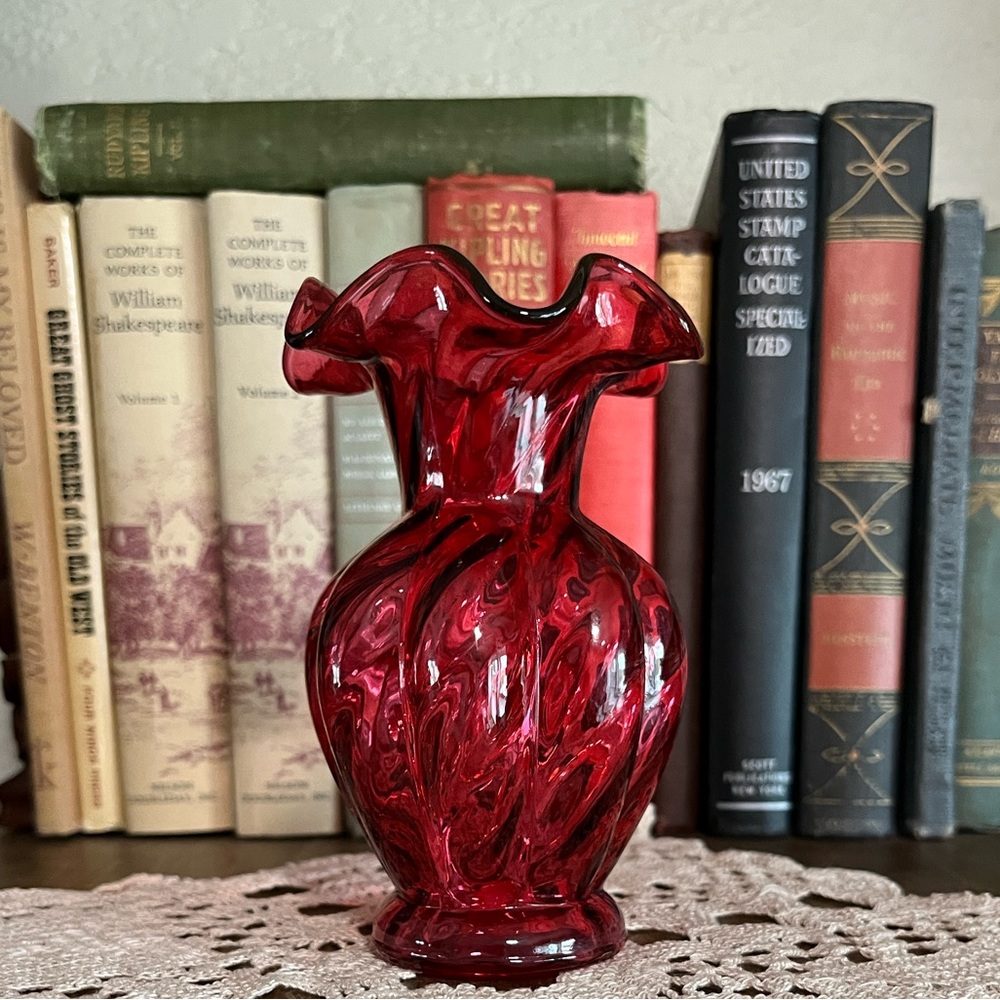 Vintage Fenton Cranberry Glass Ruffled Vase Swirl Optic Ruby Red Bud Vase 1970s